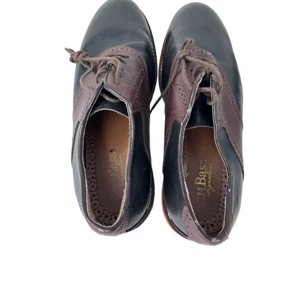 GH Bass Burlington Saddle Oxford Shoes Lace Up Leather Black Brown Mens Size 10D